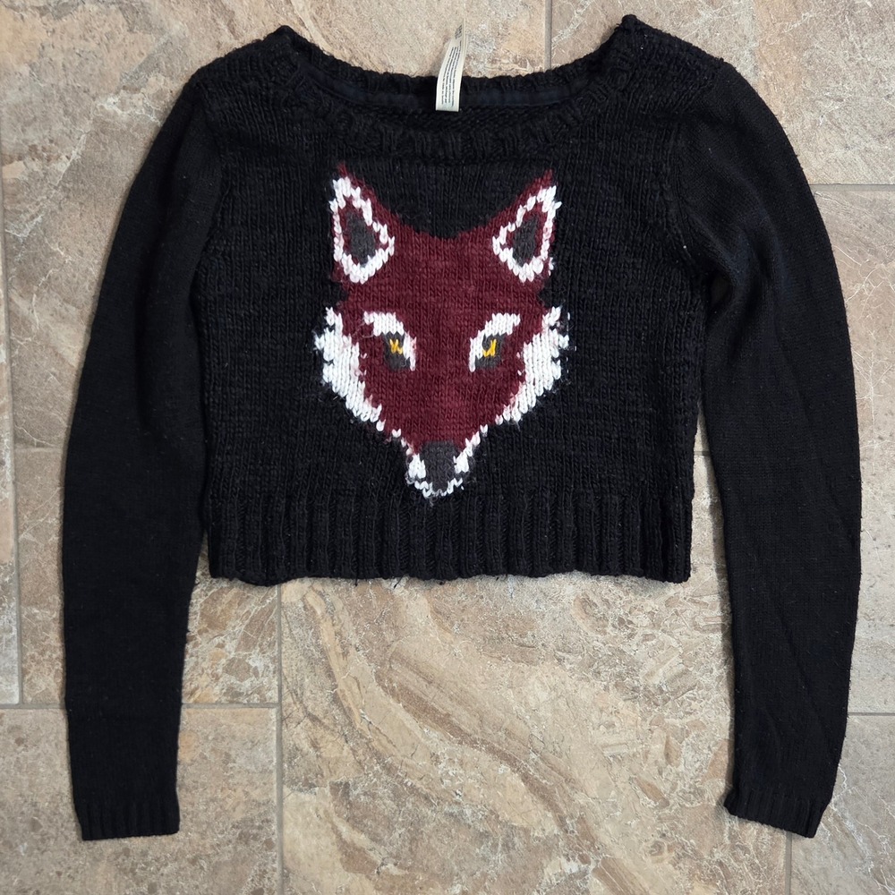 Bethany Mota Womens XS Black Fox Cropped Knit Sweater Wool Blend Long Slv